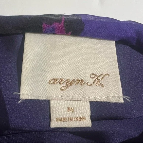 Aryn K Purple Silk Dress Size M 100% Silk Print V-Neck Elastic Waist Fairycore - Picture 4 of 11